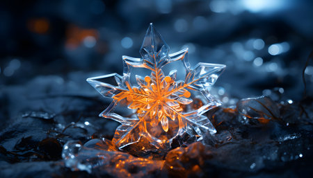 Frozen crystal snowflake on a dark background. Shallow depth of fieldの素材
