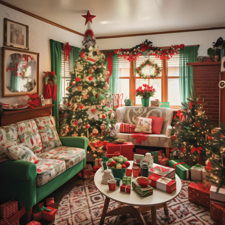 Christmas living room with Christmas tree, presents, fireplace and armchairの素材