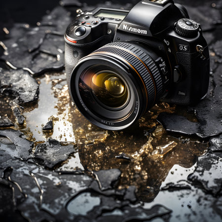 Broken mirrorless camera on a black background. Photographed in the studioの素材