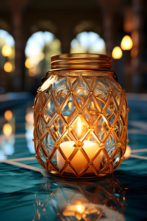 Burning candle in a glass candlestick on a blue backgroundの素材
