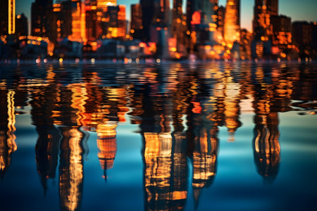 New York City Manhattan skyline reflected in water at sunset with reflections.の素材