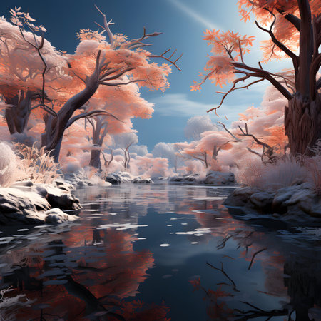 Fantasy landscape with lake and trees in winter. 3d renderingの素材