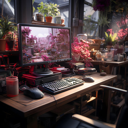 A closeup shot of a desk with a computer and other itemsの素材