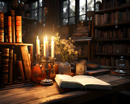 Old books and candles on a wooden table in the library. 3d renderingの素材