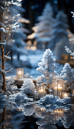 Christmas and New Year decoration with candles, lanterns and fir tree in the snowの素材