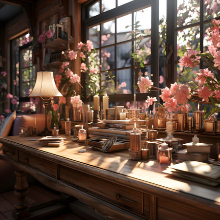Luxury interior of a vintage cafe with flowers, candles and booksの素材