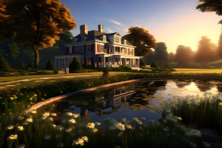 3d rendering of beautiful classic villa with garage and pool for sale or rent with beautiful landscaping on background.の素材