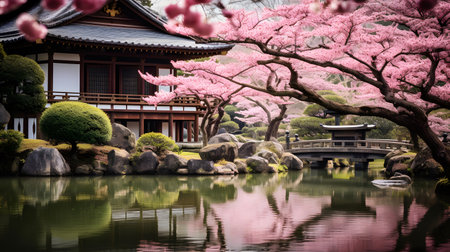 Japanese garden with cherry blossom trees and pond in spring time.の素材
