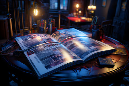 Cafe interior with open book on table. Night life concept.の素材