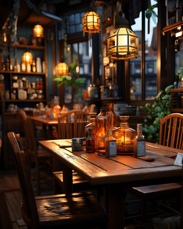 Cafe interior with wooden table, chairs, bottles and lanternsの素材