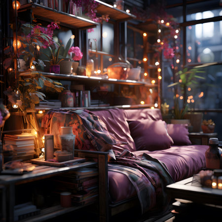 Interior of a cozy coffee shop with a lot of flowers and candlesの素材