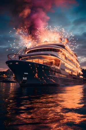 Luxury cruise ship with fireworks in the night sky. Luxury yacht.の素材