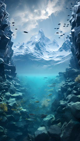 Fantasy landscape with mountain and underwater world. 3D renderingの素材
