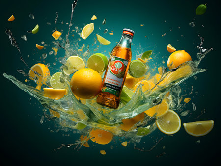 Closeup of a bottle of liqueur in water splash with lemons and orangesの素材