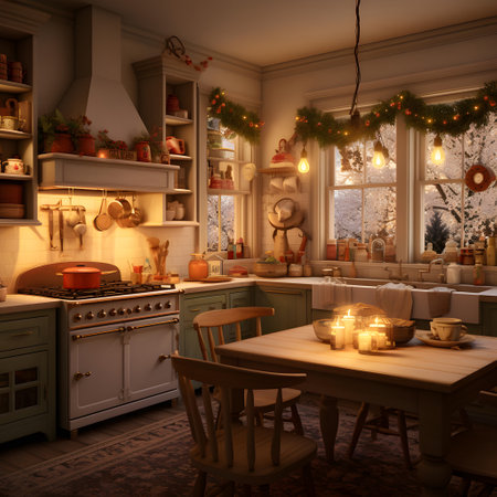3d render of a beautiful kitchen interior with christmas decorations.の素材