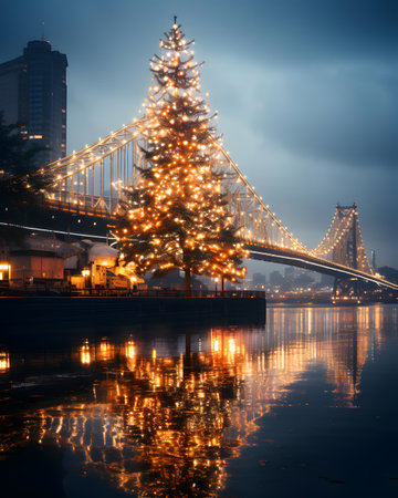 Bosphorus Bridge and Christmas tree at night, Istanbul, Turkeyの素材