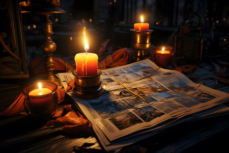 Still life with burning candles, books and candlesticks on a dark backgroundの素材
