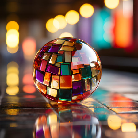 Colorful mirror disco ball on the floor with bokeh backgroundの素材