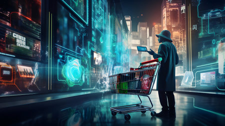 Man with shopping cart and digital interface. Mixed media. Mixed mediaの素材