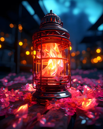 Lantern with burning candle on the background of the night city.の素材