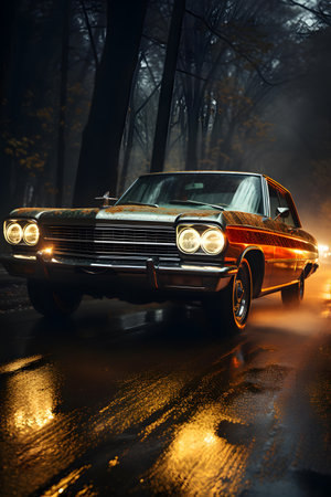 Old car on the road in the foggy forest at night.の素材