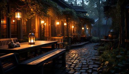 Lanterns on the terrace of a cafe in a foggy nightの素材