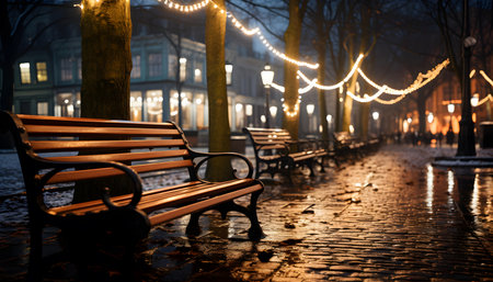 Wooden bench in the city at night with a garland of lightsの素材