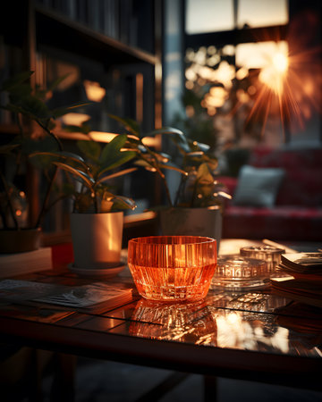 A glass of water on a table in a living room at sunsetの素材