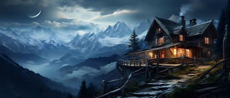 Wooden cottage in the mountains at night. Panoramic viewの素材