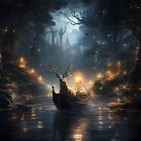 Fantasy spooky night scene with reindeer and old shipの素材