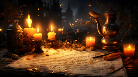Old books, candlesticks and burning candles. Halloween concept.の素材