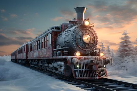 Vintage steam locomotive in winter landscape. 3D illustrations.の素材