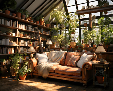 Interior of cozy living room with sofa, bookshelf and plantsの素材