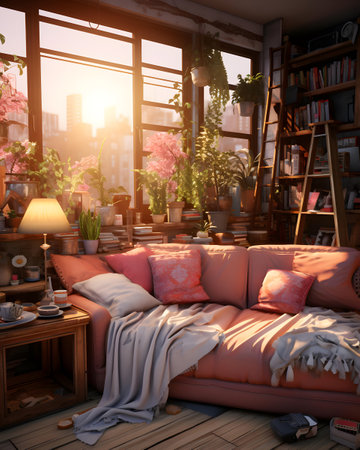 Cozy living room interior with pink sofa, bookshelf, coffee table and flowersの素材