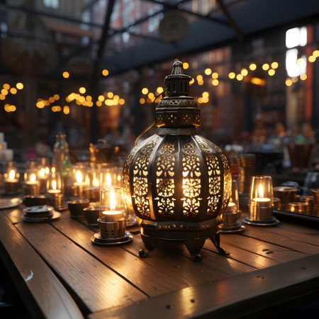 Lanterns on a wooden table in a cafe with candlesの素材
