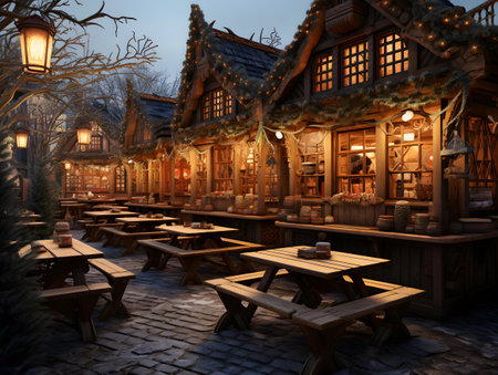 3D rendering of a street cafe in the old town at nightの素材
