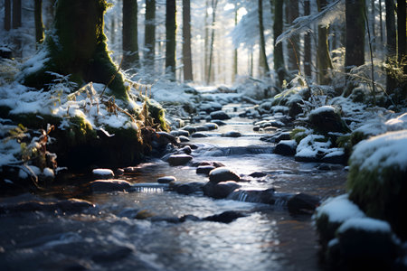 Snowy winter landscape in the forest with a stream flowing through itの素材
