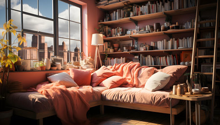 Comfortable bed with pink pillows in modern room. Interior designの素材