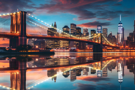 New York City Manhattan skyline and Brooklyn Bridge at sunset, USA.の素材