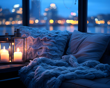 Photo for Cozy winter evening in the living room with a view of the city. - Royalty Free Image