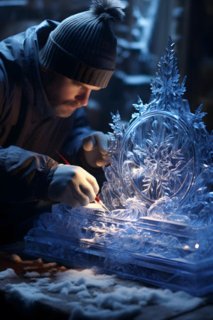 Close-up portrait of a young man working on a Christmas decorationの素材