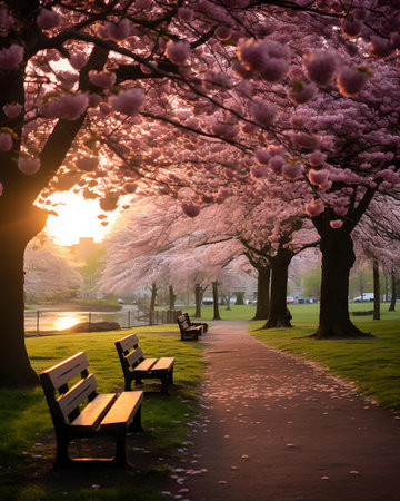Cherry blossom in the park at sunset with bench and sunの素材