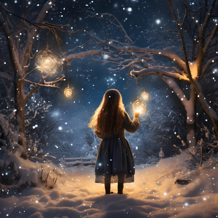 Girl in the winter forest with a garland. Winter fairy tale.の素材