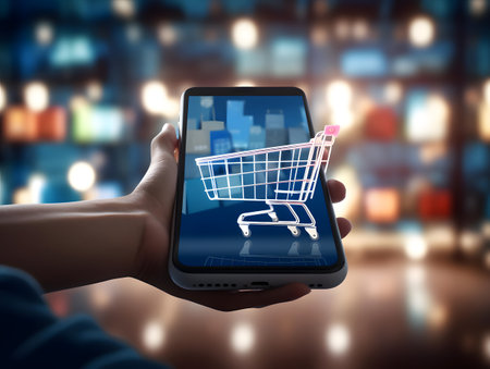 Close up of male hand holding smartphone with shopping cart icon on screenの素材
