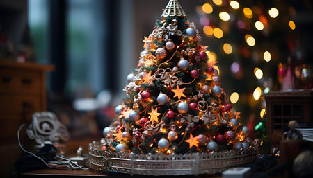 Christmas tree decorated with toys and garlands. Christmas and New Year conceptの素材