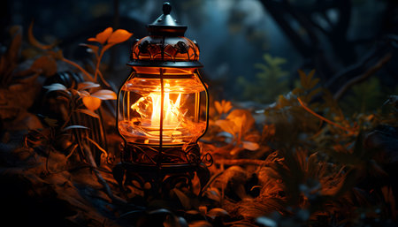 Lantern in the forest at night. Halloween concept. Selective focus.の素材