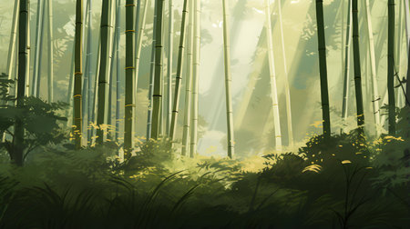 Bamboo forest with sunlight and fog. Digital painting. 3D illustrations.の素材