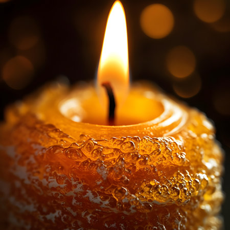 Burning candle with bokeh background. Shallow depth of field.の素材