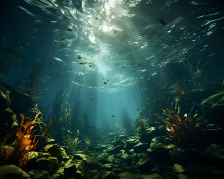 Underwater scene with fishes and coral reef. 3D renderingの素材