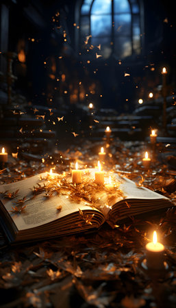 Open book with burning candles in the dark church. Halloween concept.の素材